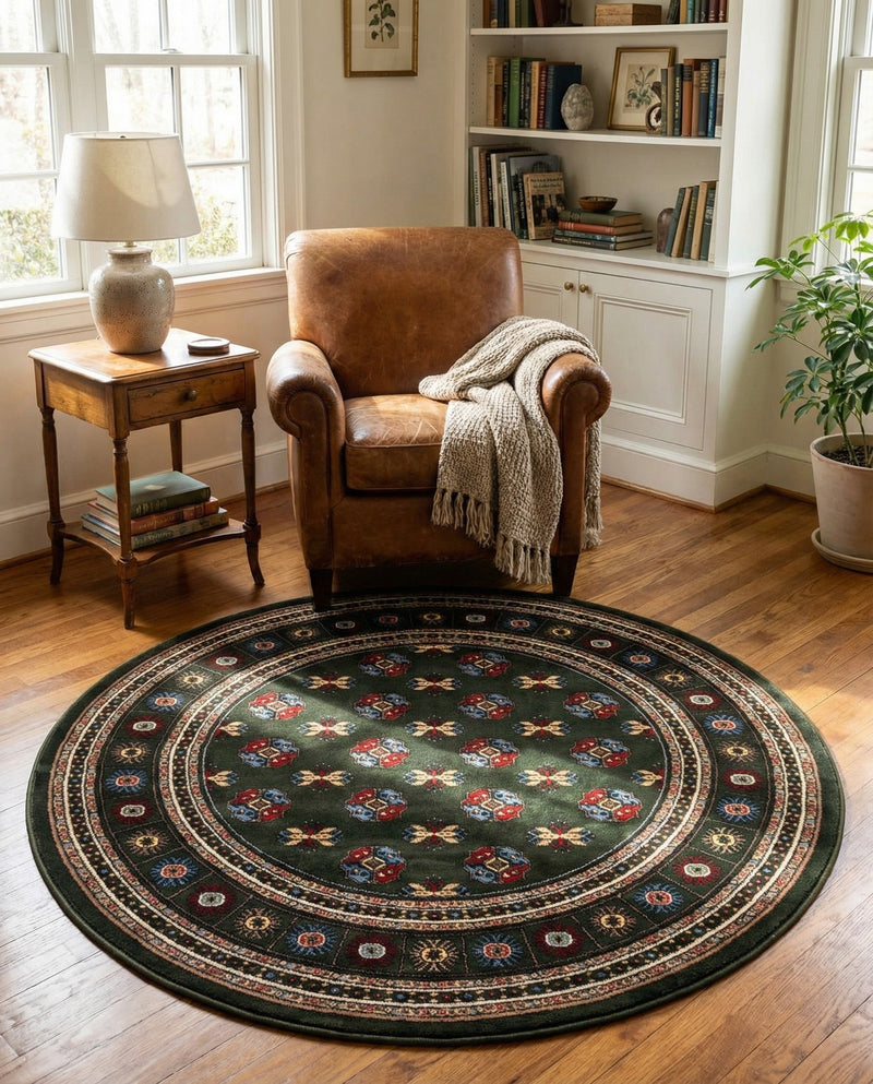 Samarkand Elegance Collection Area Rug -  Margilan (Dark Green) Round Dark Green  lifestyle 75