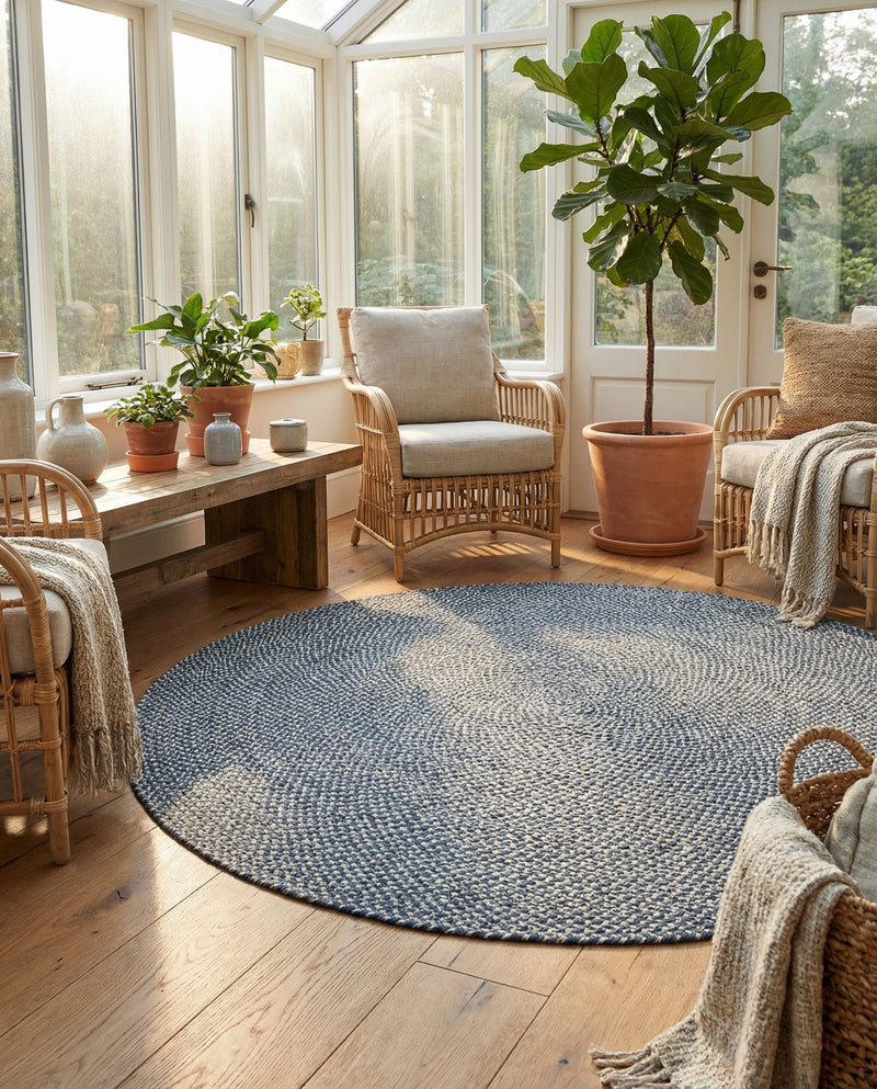 Highland Woven Jute Collection Area Rug - Glenmore (Navy Blue) Round Navy Blue  lifestyle 60