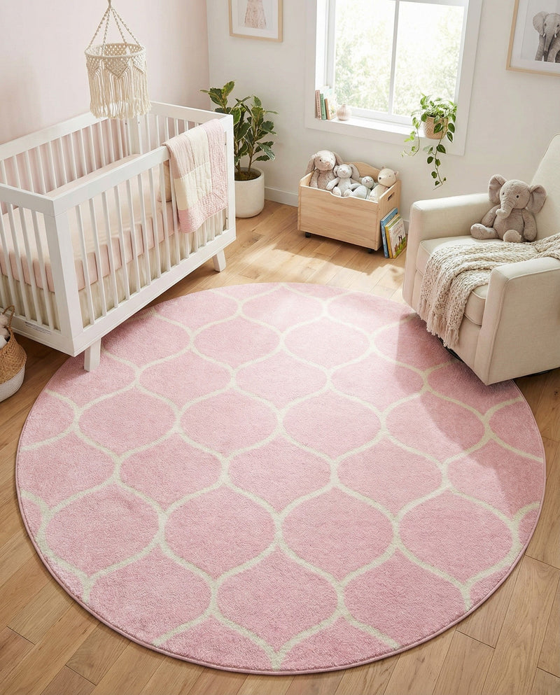 Trellis Mosaic Collection Area Rug -  Pergolatown (Light Pink) Round Light Pink  lifestyle 82