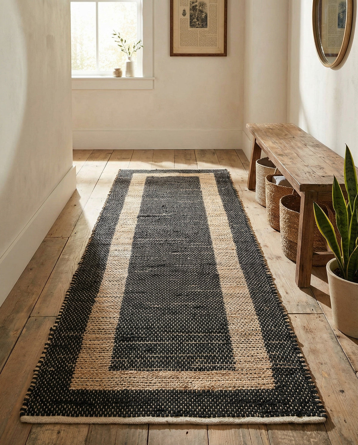 Osian Looms Collection Area Rug - Durham Runner Black-Natural  lifestyle 200