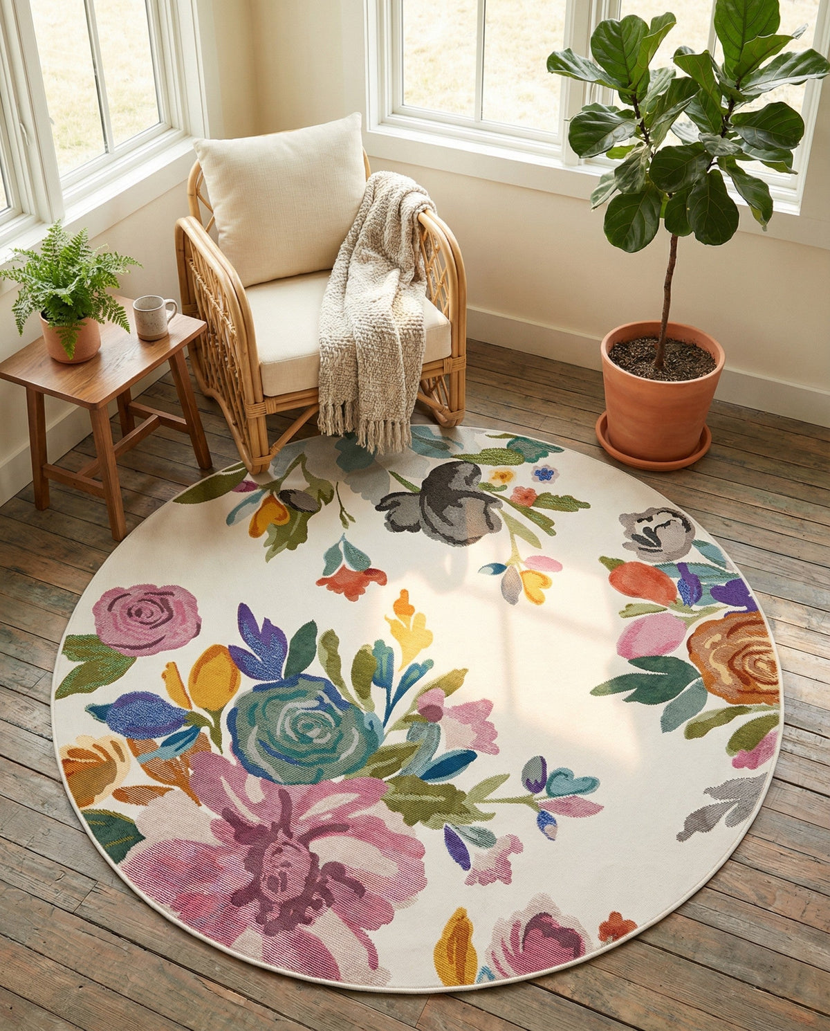 Meadow Breeze Collection Area Rug - Wildflower Round Ivory  lifestyle 79