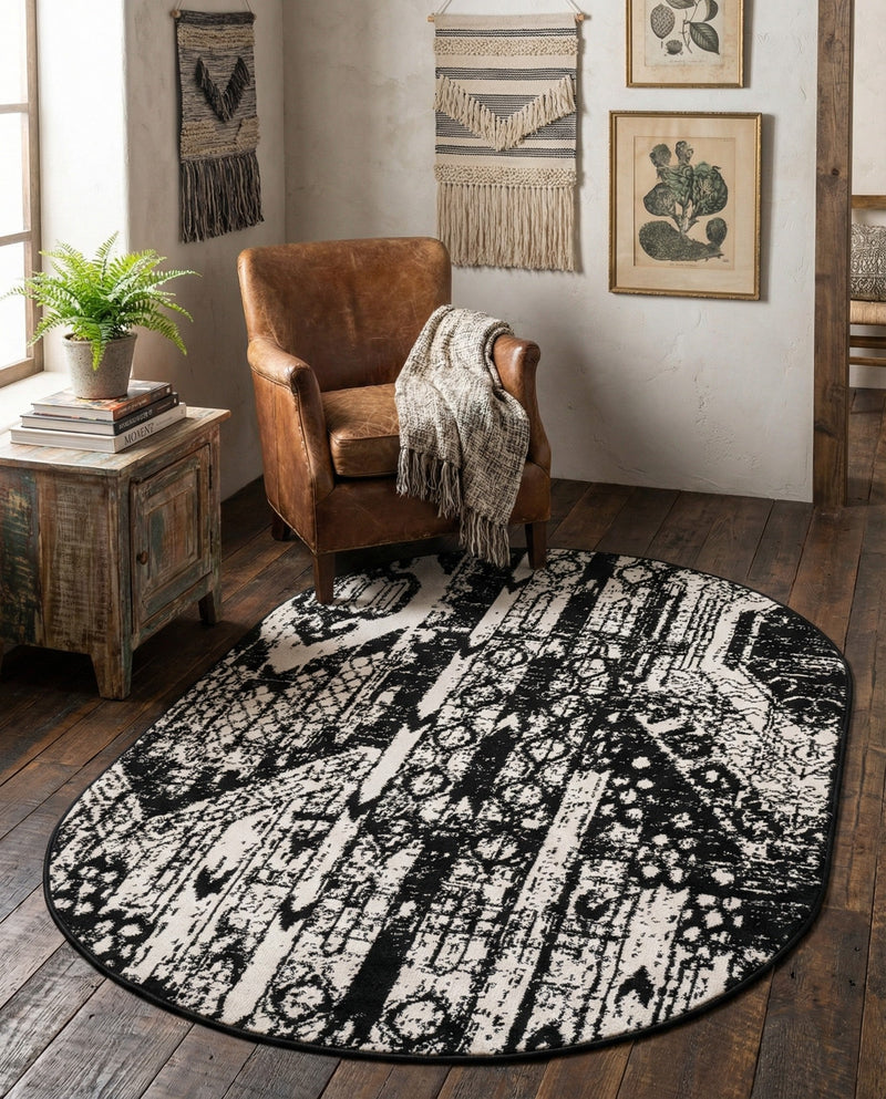 Cascade Range Collection Area Rug - Hood (Black and White) Oval Black and White  lifestyle 76