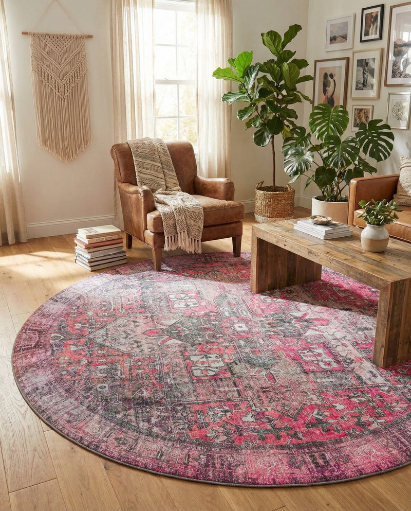 Heritage Elegance Collection Area Rug -  Windsor (Pink) Round Pink  lifestyle 49