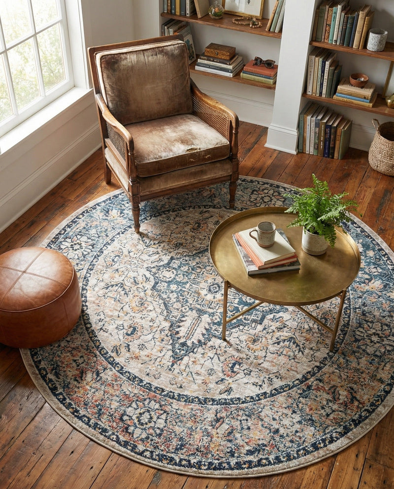 Seville Stripes Collection Area Rug - Cadiz (Blue) Round Blue  lifestyle 61
