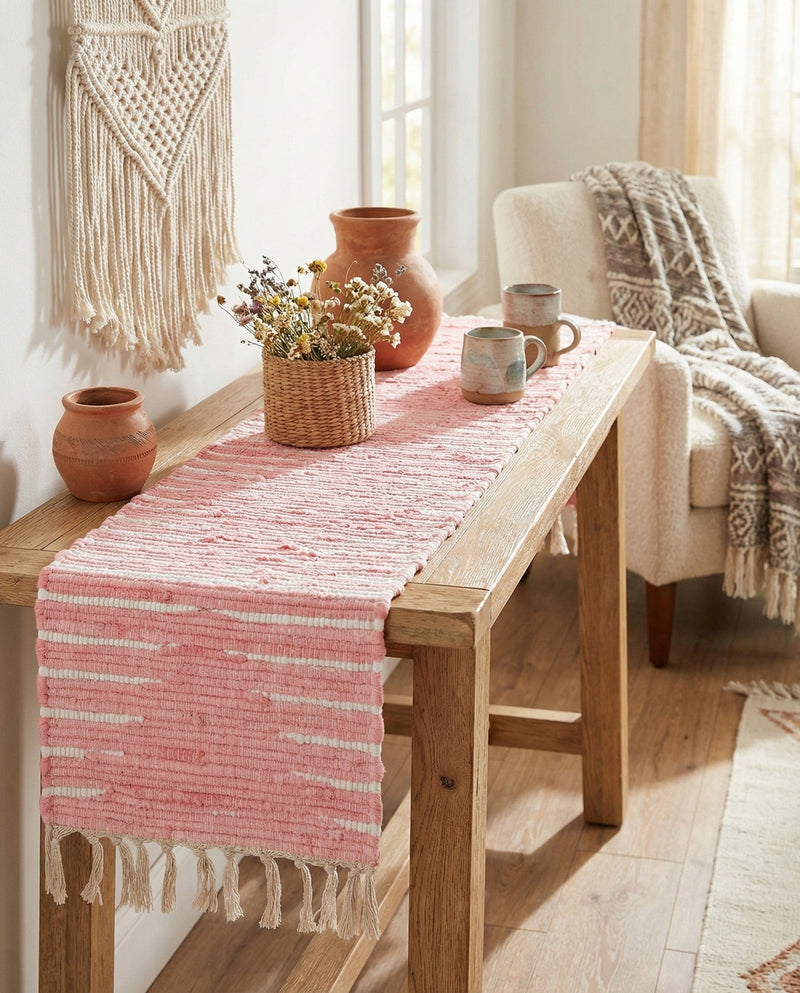 Thar Cotton Collection Area Rug - Jaisalmer (Rose) Table Runner Rose  lifestyle 37