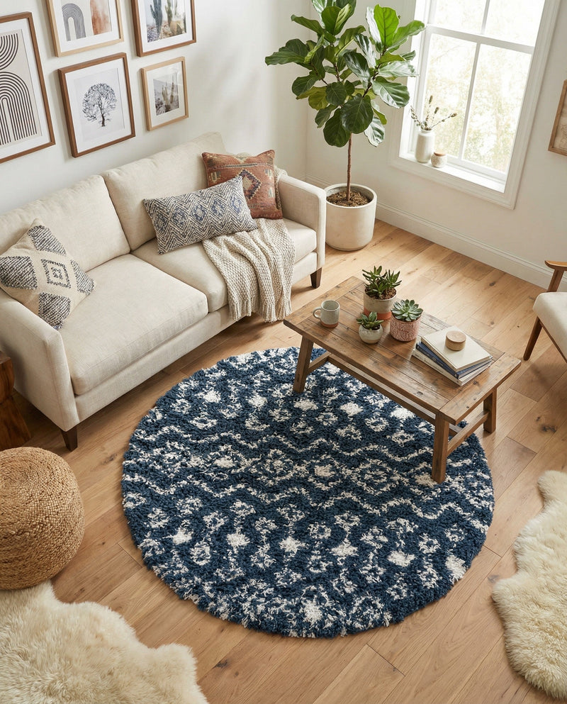 Berber Lattice Shag Collection Area Rug - Atlas (Navy Blue) Round Navy Blue  lifestyle 67