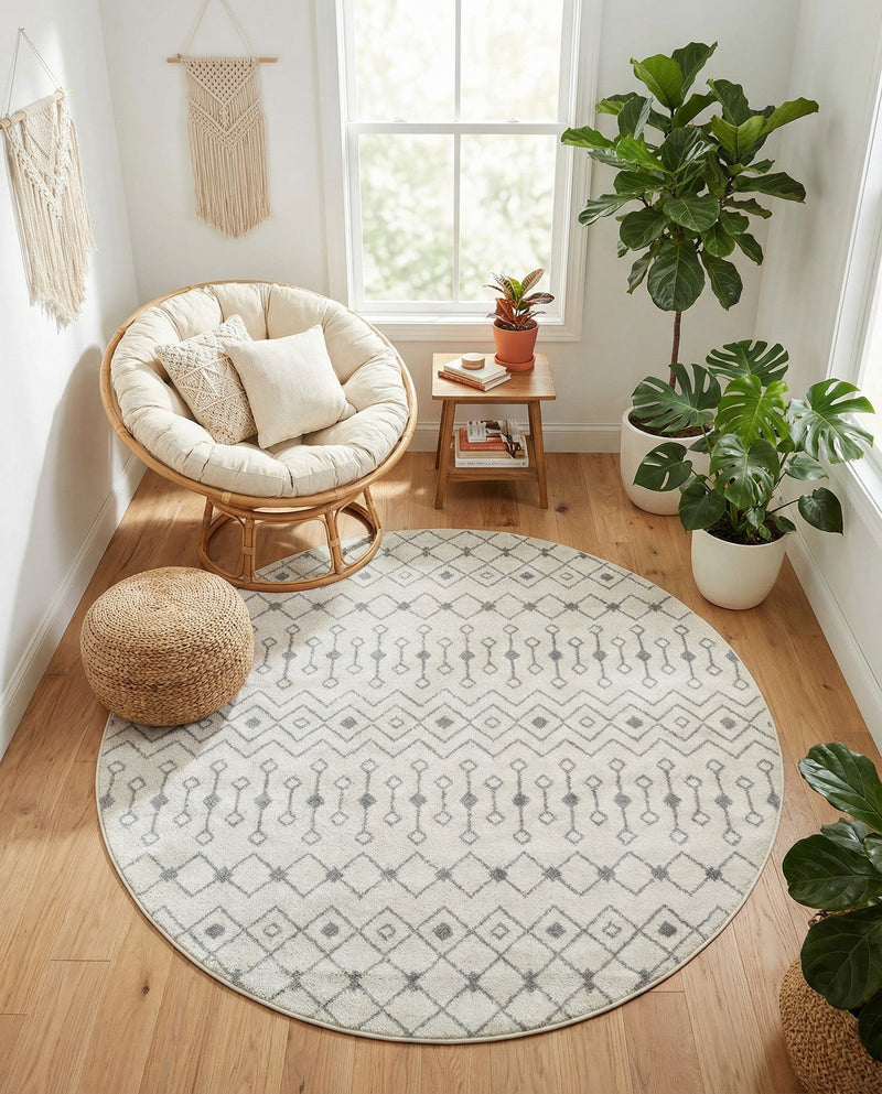 Mediterranean Lattice Collection Area Rug - Santorini (Ivory and Gray) Round Ivory and Gray  lifestyle 45