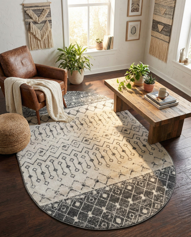 Mediterranean Lattice Collection Area Rug -  Casablanca (Ivory and Gray) Oval Ivory and Gray  lifestyle 30