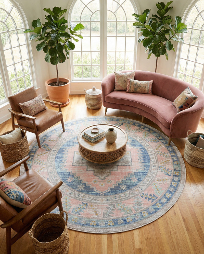 Savannah Series Collection Area Rug -  Augusta (French Blue) Round French Blue  lifestyle 53