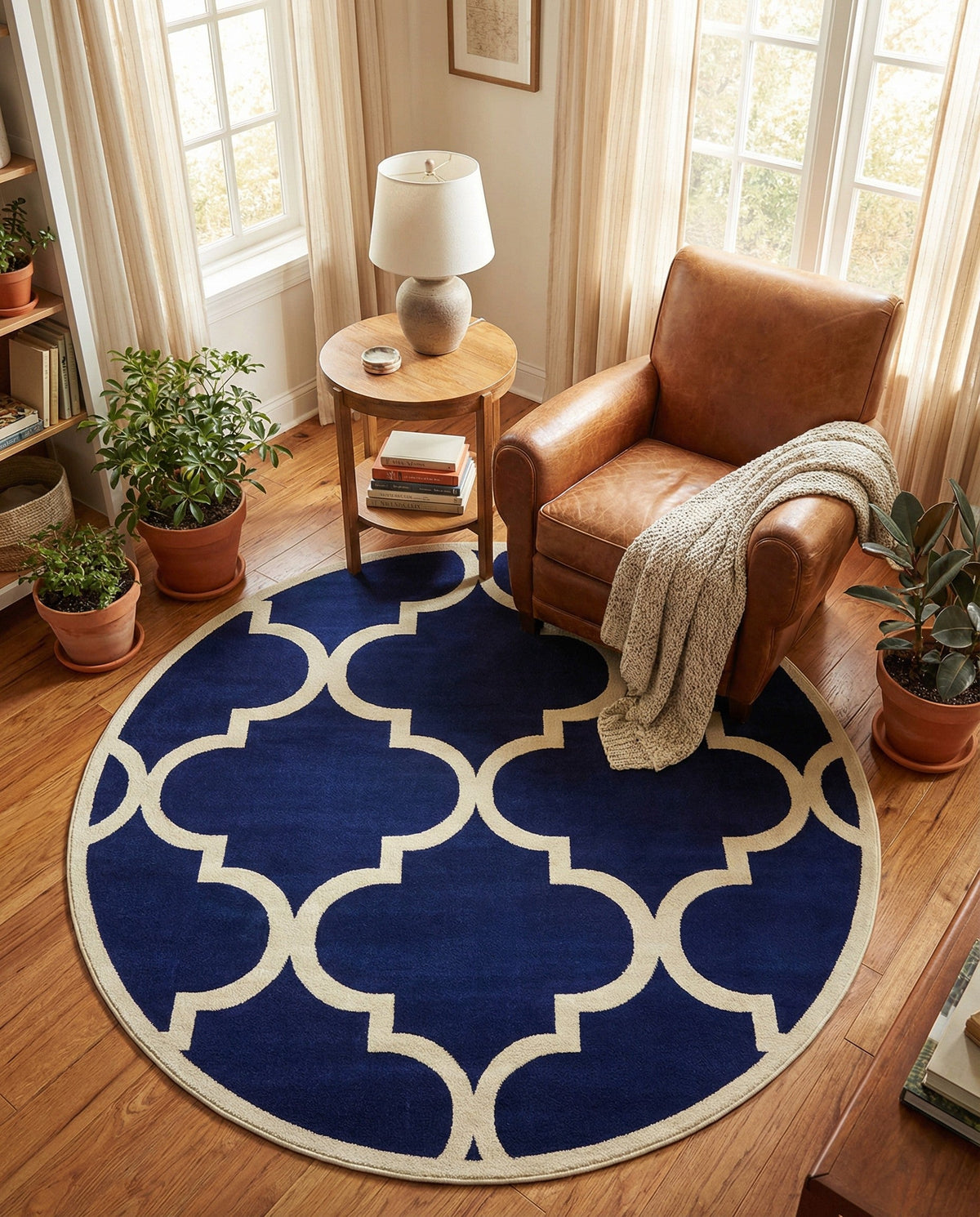 Lattice Gardens Collection Area Rug -  Espaliera Round Navy Blue  lifestyle 138
