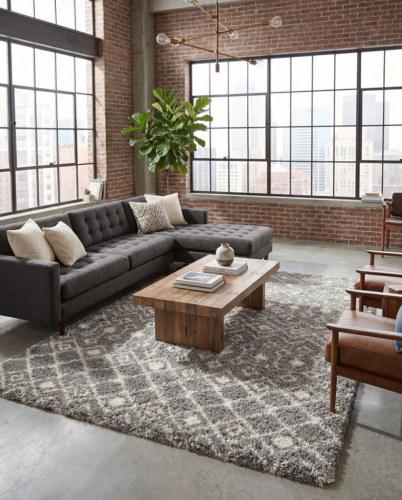 Berber Lattice Shag Collection Area Rug - Atlas (Gray) Rectangle Gray  lifestyle 9