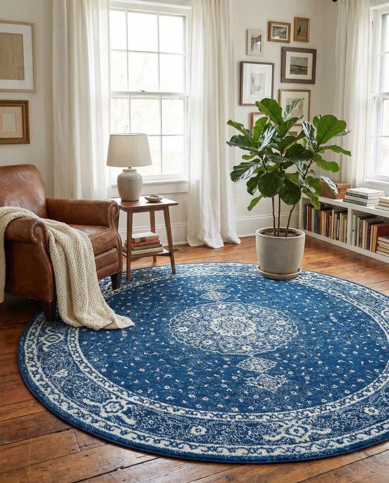 Dover Terrace Collection Area Rug - Marina (Navy Blue) Round Navy Blue  lifestyle 34