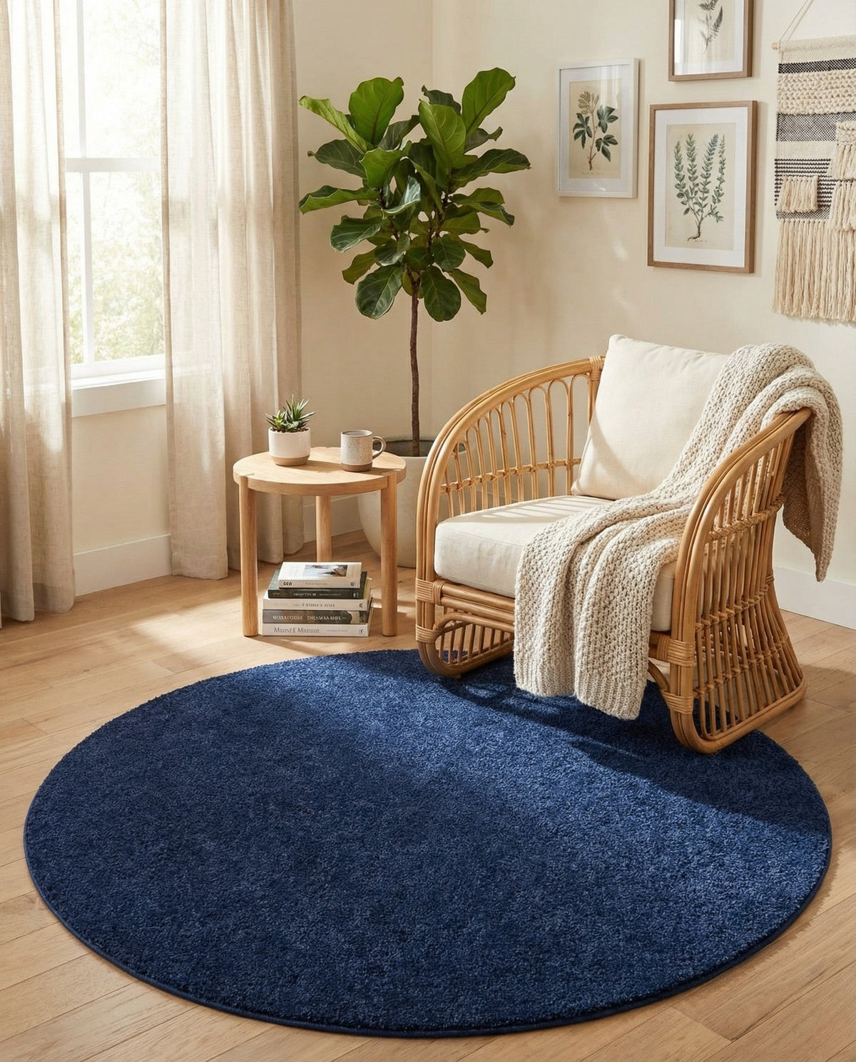 Solid Shag Seaside Collection Area Rug - Azure Cove (Navy Blue) Round Navy Blue  lifestyle 81