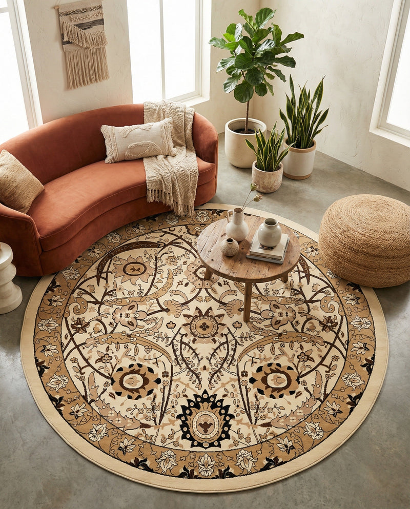 Tabriz Tapestry Collection Area Rug - Sahand (Ivory) Round Ivory  lifestyle 32