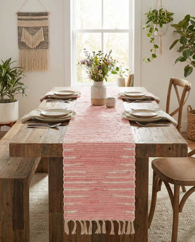 Thar Cotton Collection Area Rug - Jaisalmer (Rose) Table Runner Rose  lifestyle 61