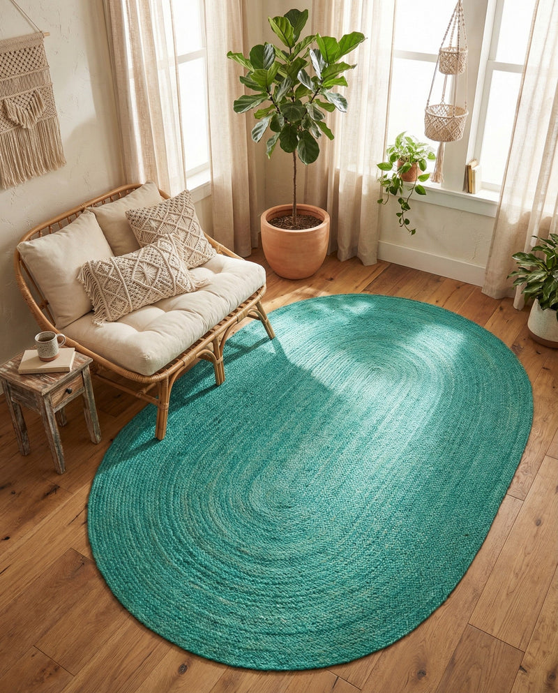 Woven Seaside Jute Collection Area Rug - Savannah (Turquoise) Oval Turquoise  lifestyle 61