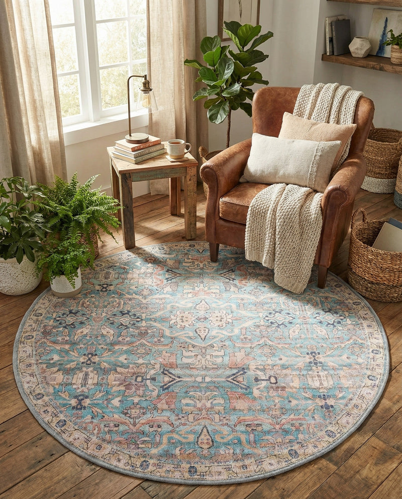 Vintage Memories Collection Area Rug -  Memories Round Blue  lifestyle 78