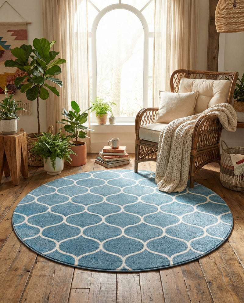 Trellis Mosaic Collection Area Rug -  Pergolatown (Light Blue) Round Light Blue  lifestyle 61