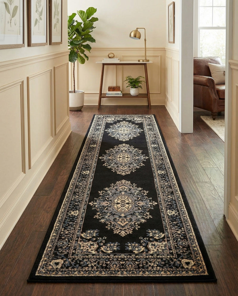 Tabriz Tapestry Collection Area Rug - Azerbaijan (Black) Runner Black  lifestyle 42
