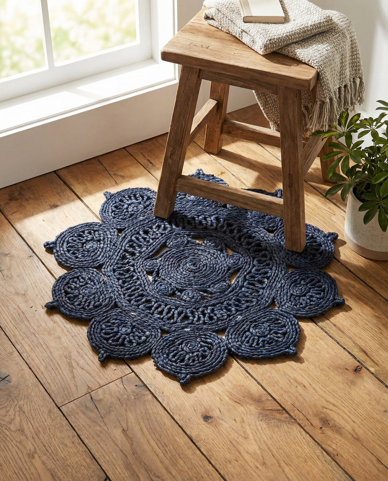 Woven Seaside Jute Collection Area Rug - Coastalhaven (Navy Blue) Round Navy Blue  lifestyle 17