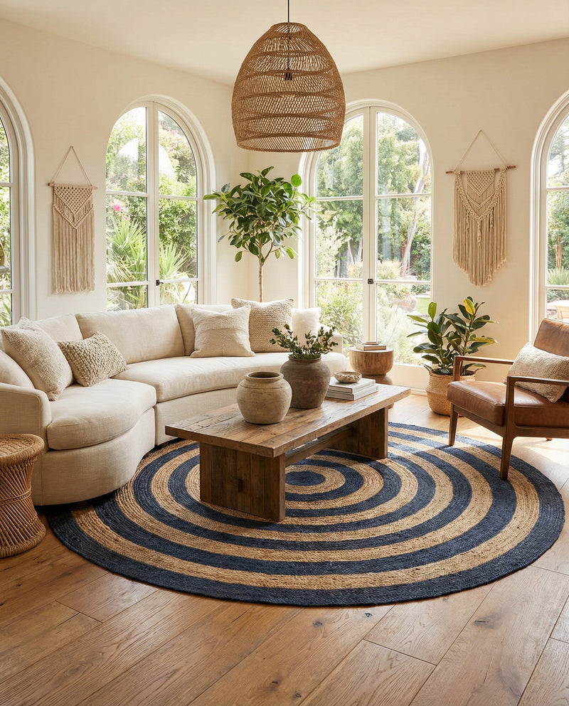 Woven Seaside Jute Collection Area Rug - Nautilus Round Navy Blue Natural  lifestyle 56