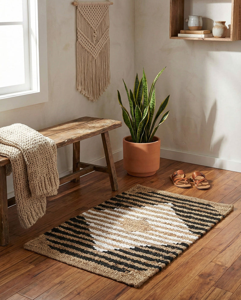 Osian Looms Collection Area Rug - Varanasi Rectangle Natural Black  lifestyle 6