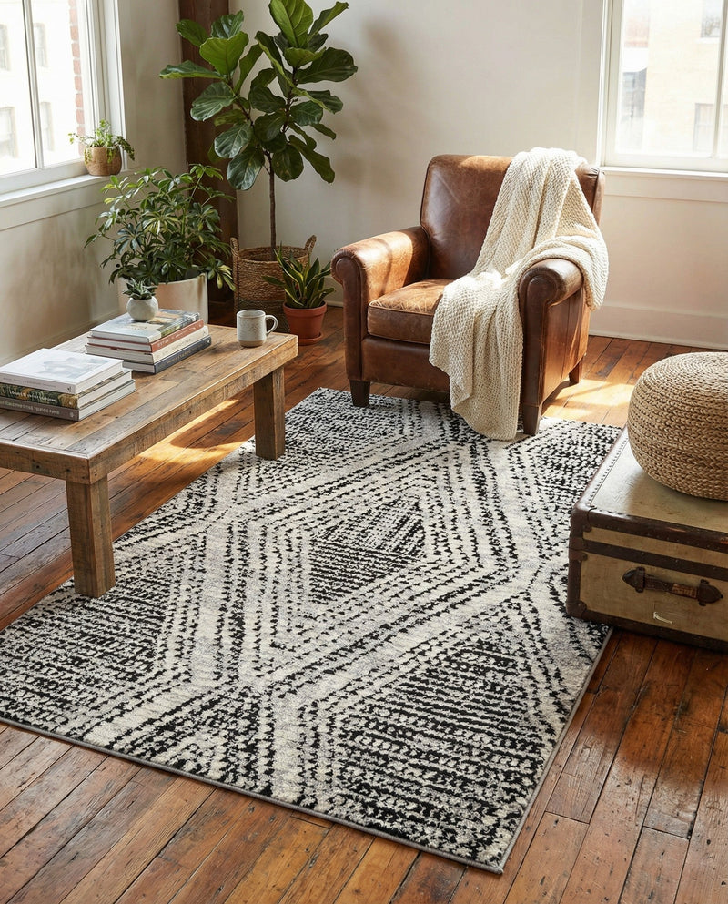 Marrakech Mosaic Collection Area Rug -  Medina Rectangle Black and White  lifestyle 16