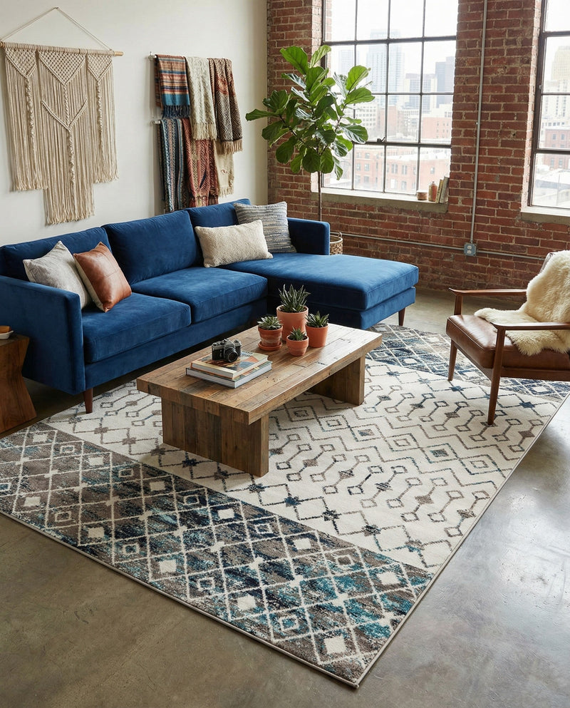 Mediterranean Lattice Collection Area Rug -  Casablanca (Ivory Gray Blue) Rectangle Ivory Gray Blue  lifestyle 13