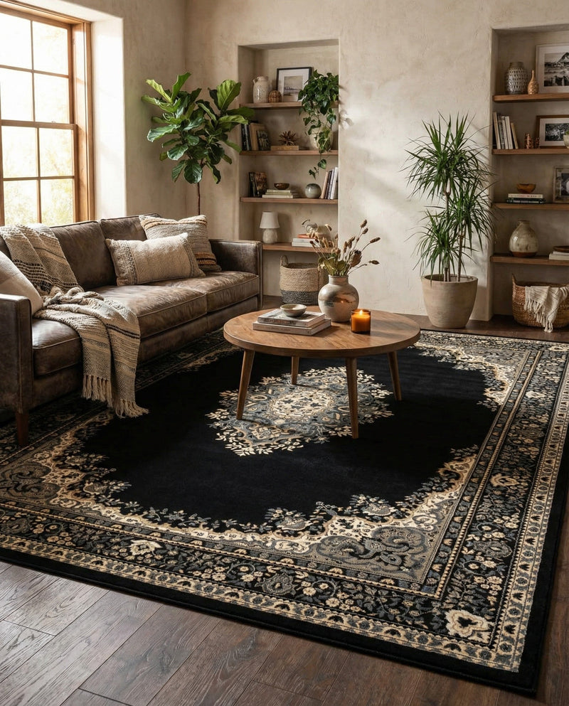 Tabriz Tapestry Collection Area Rug - Azerbaijan (Black) Rectangle Black  lifestyle 10
