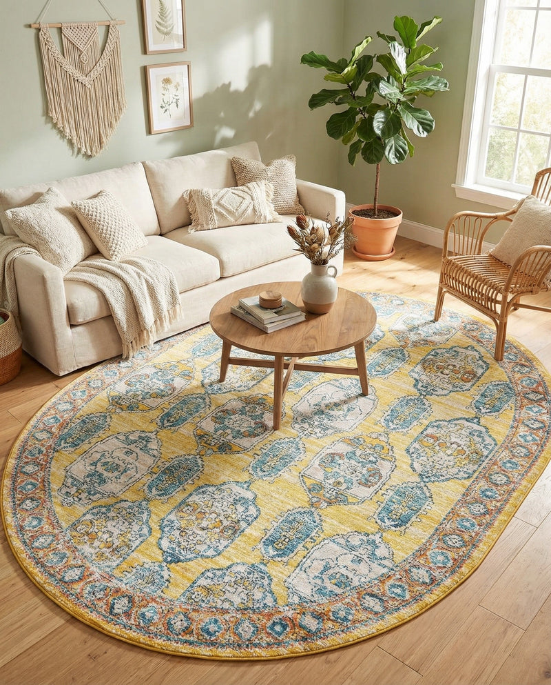 Seville Stripes Collection Area Rug -  Granada (Yellow) Oval Yellow  lifestyle 78
