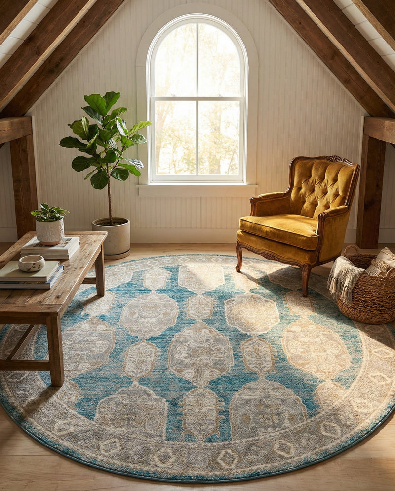 Seville Stripes Collection Area Rug -  Granada (Blue) Round Blue  lifestyle 21