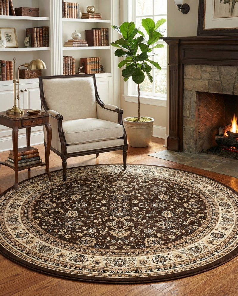 Isfahan Elegance Collection Area Rug - Naghsh-e Jahan (Brown) Round Brown  lifestyle 81