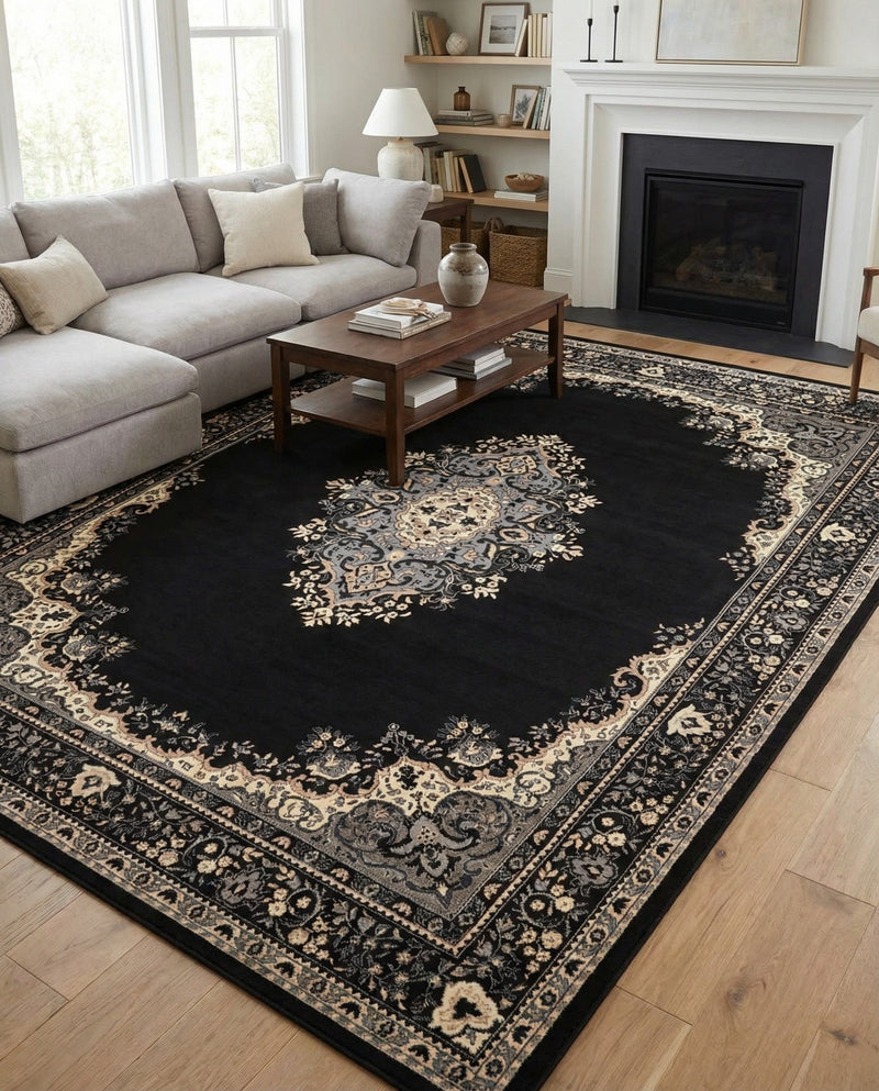Tabriz Tapestry Collection Area Rug - Azerbaijan (Black) Rectangle Black  lifestyle 14