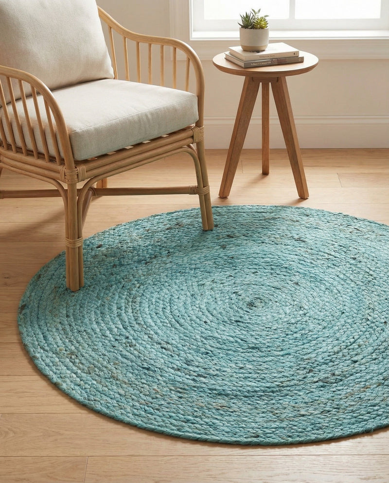 Woven Seaside Jute Collection Area Rug - Savannah (Turquoise) Round Turquoise  lifestyle 62