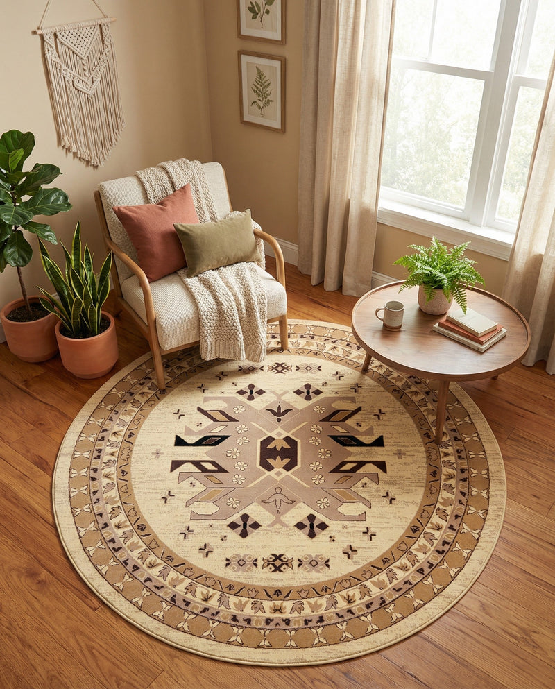 Tabriz Tapestries Collection Area Rug - Azerbaijan (Ivory) Round Ivory  lifestyle 58