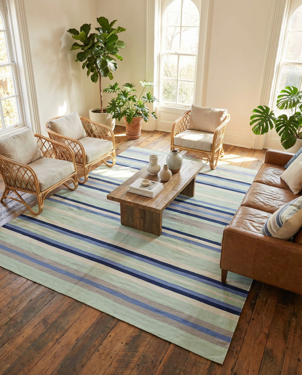 Coastal Stripe Dhurrie Collection Area Rug - Seashore Square Aqua Blue and Gray  lifestyle 126