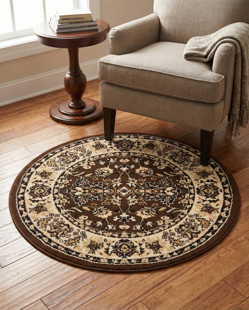 Isfahan Elegance Collection Area Rug - Naghsh-e Jahan (Brown) Round Brown  lifestyle 70
