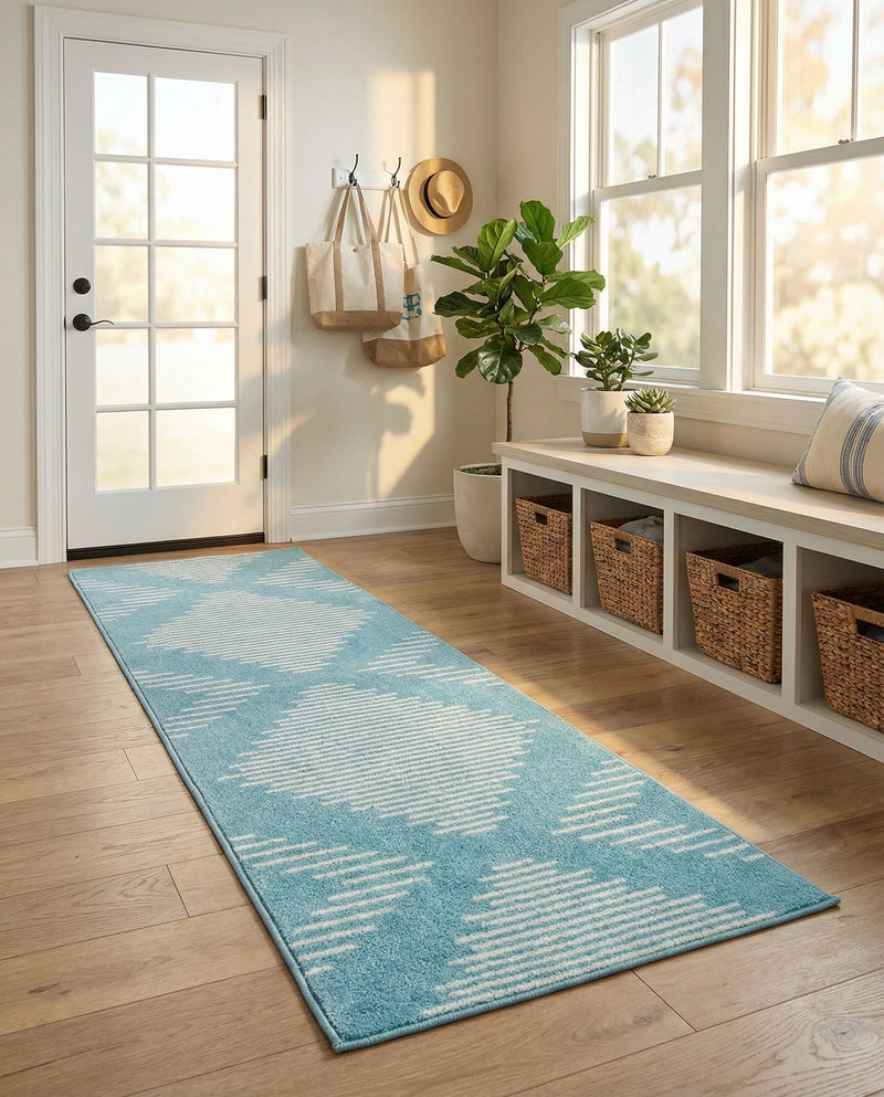 Seychelles Stripes Collection Area Rug - Mahe (Light Blue) Runner Light Blue  lifestyle 32