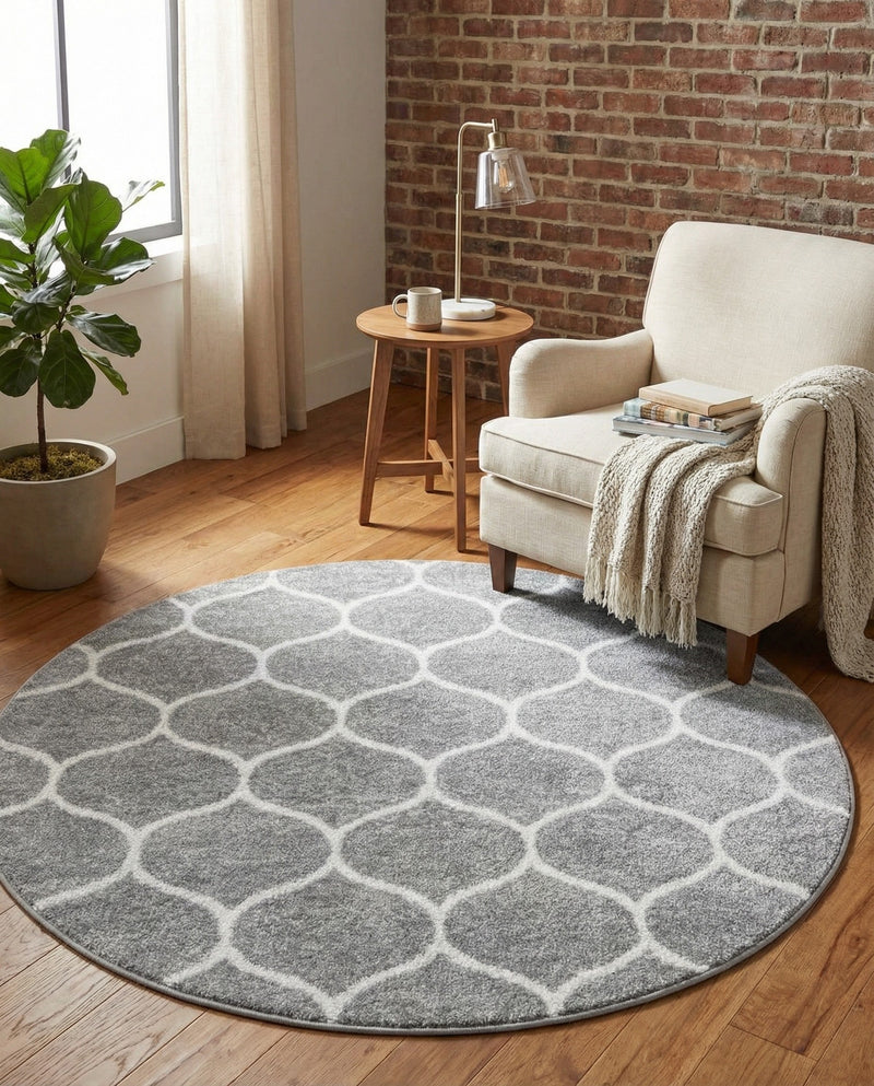 Trellis Mosaic Collection Area Rug -  Pergolatown (Light Gray) Round Light Gray  lifestyle 49