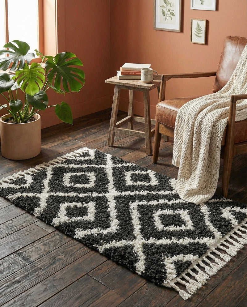 Cozy Cove Shag Collection Area Rug -  Dunes Rectangle Black and White  lifestyle 54