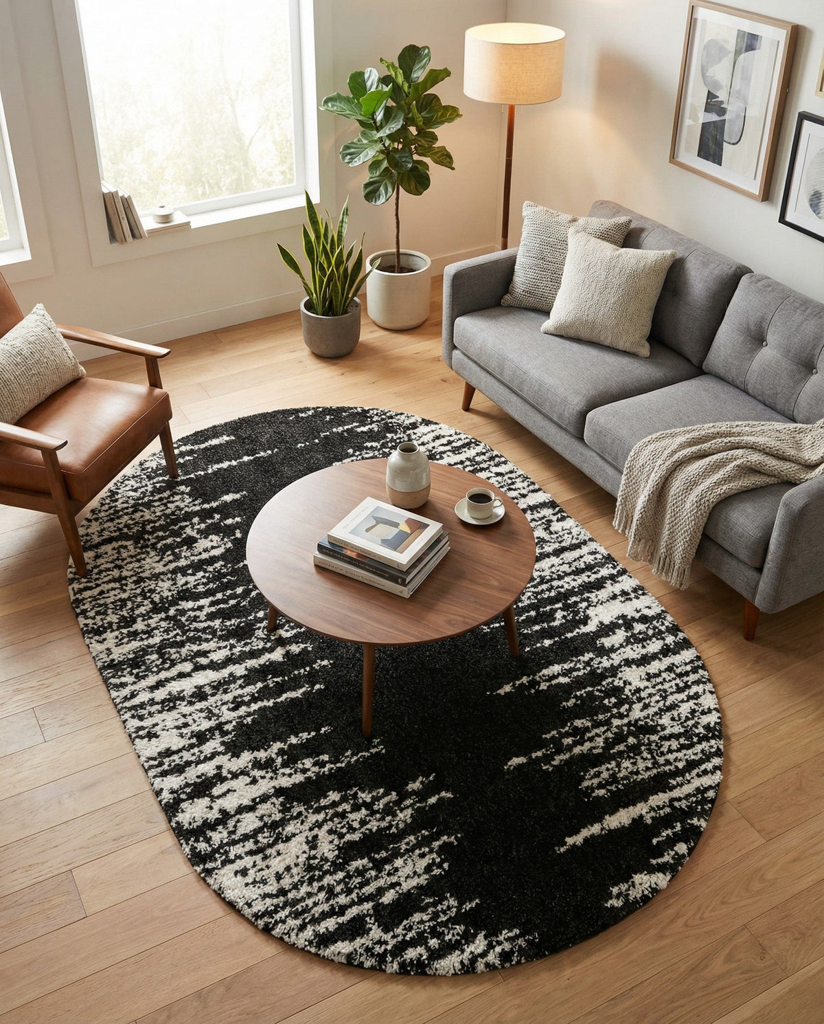 Tranquil Tides Shag Collection Area Rug - Marina Oval Black and White  lifestyle 191
