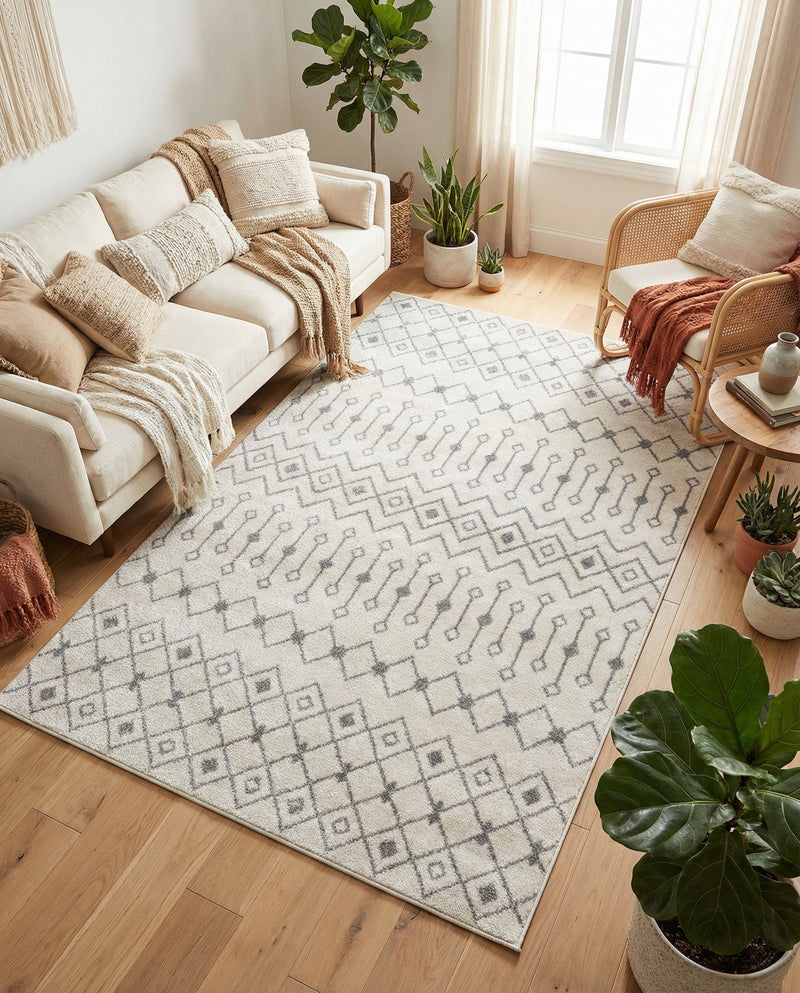 Mediterranean Lattice Collection Area Rug - Santorini (Ivory and Gray) Rectangle Ivory and Gray  lifestyle 12