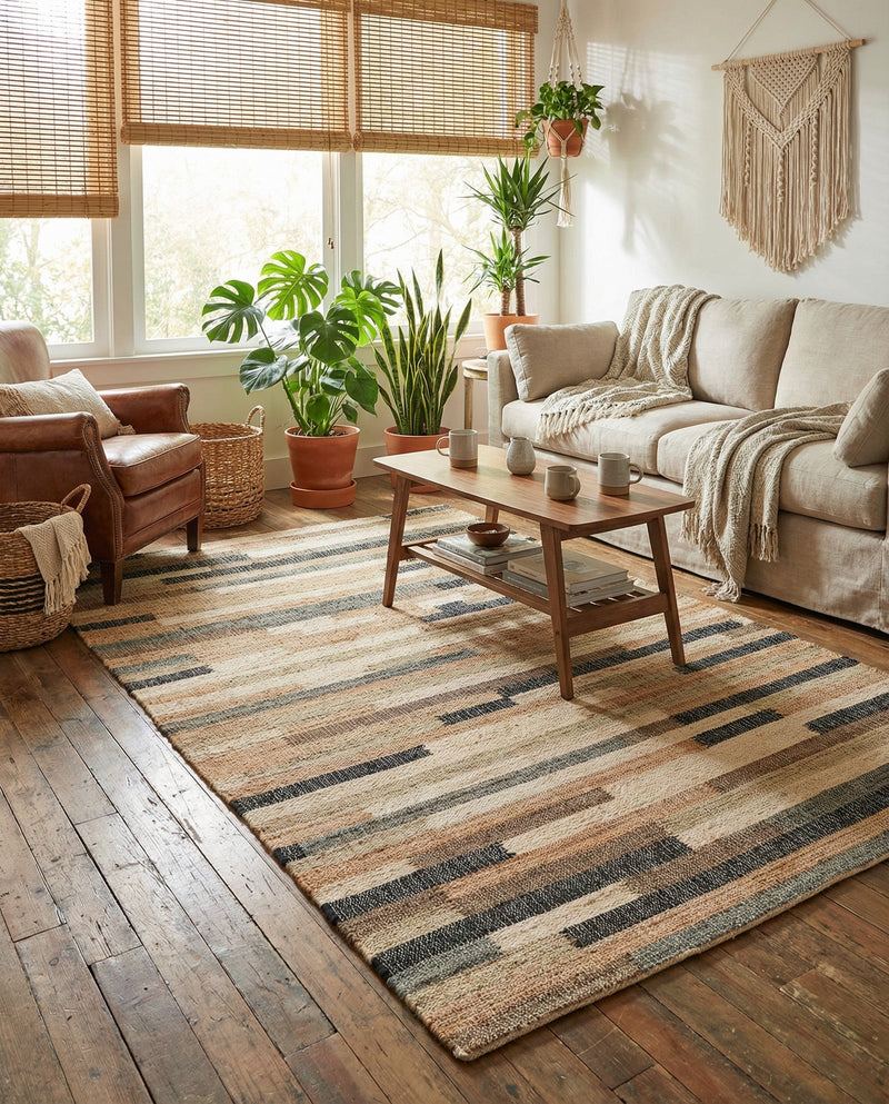 Benares Handwoven Jute Collection Area Rug -  Varanasi Rectangle Beige  lifestyle 11