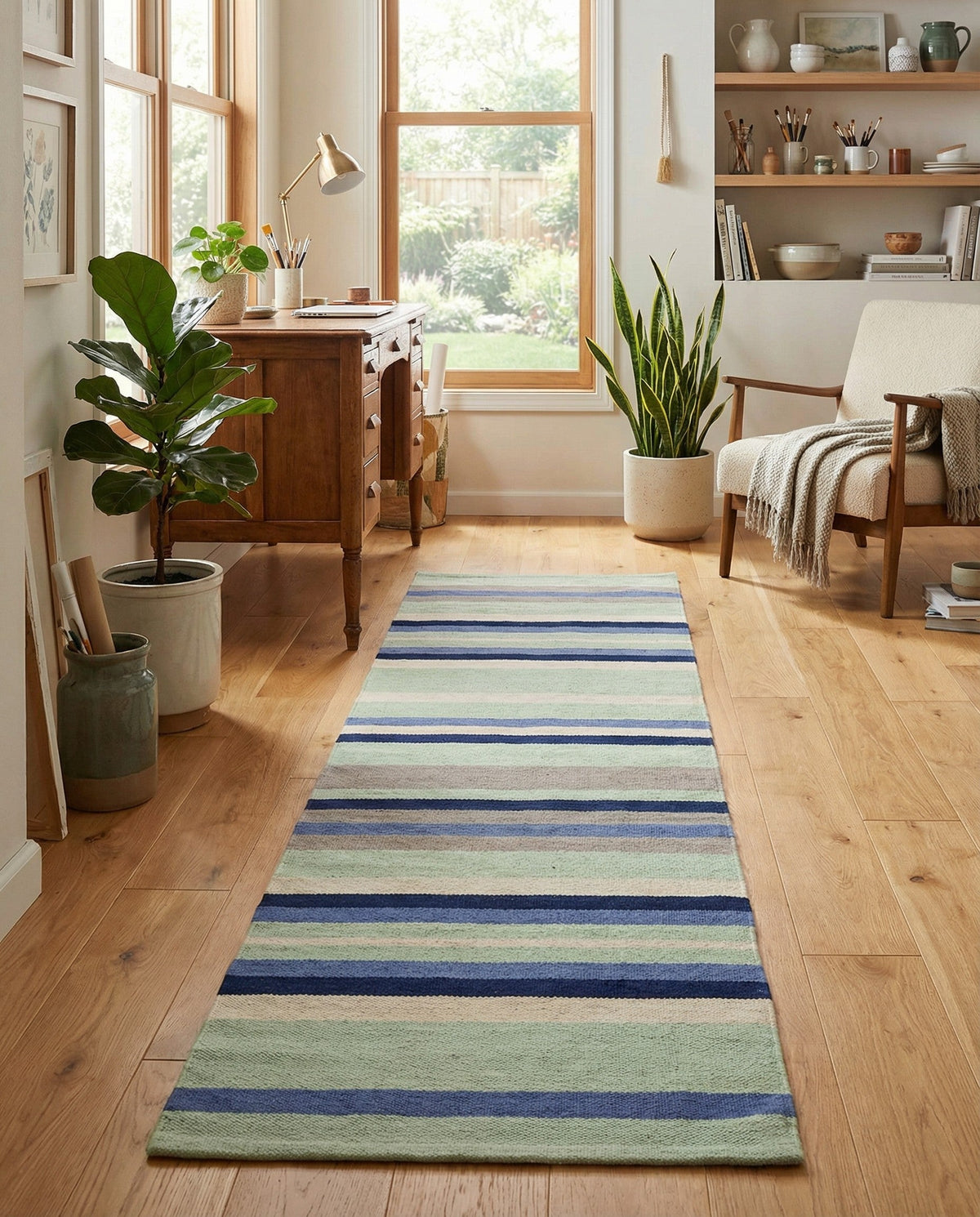 Coastal Stripe Dhurrie Collection Area Rug - Seashore Runner Aqua Blue and Gray  lifestyle 105