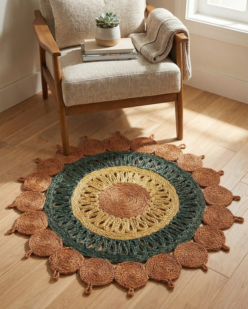 Woven Seaside Jute Collection Area Rug - Coastalhaven (Orange Green Yellow) Round Orange Green Yellow  lifestyle 28