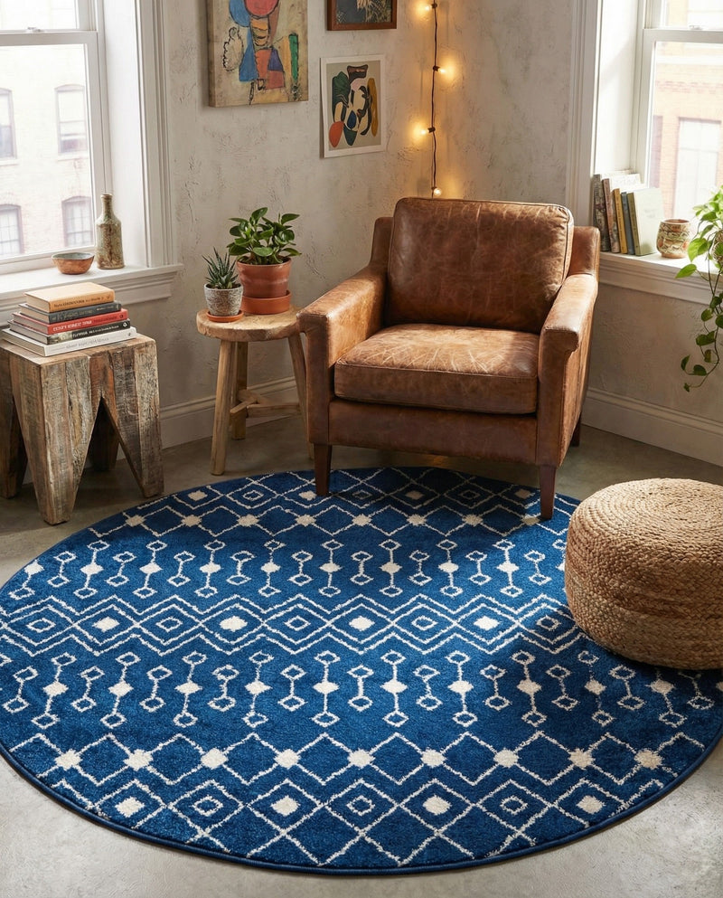 Mediterranean Lattice Collection Area Rug - Santorini (Navy Blue) Round Navy Blue  lifestyle 68
