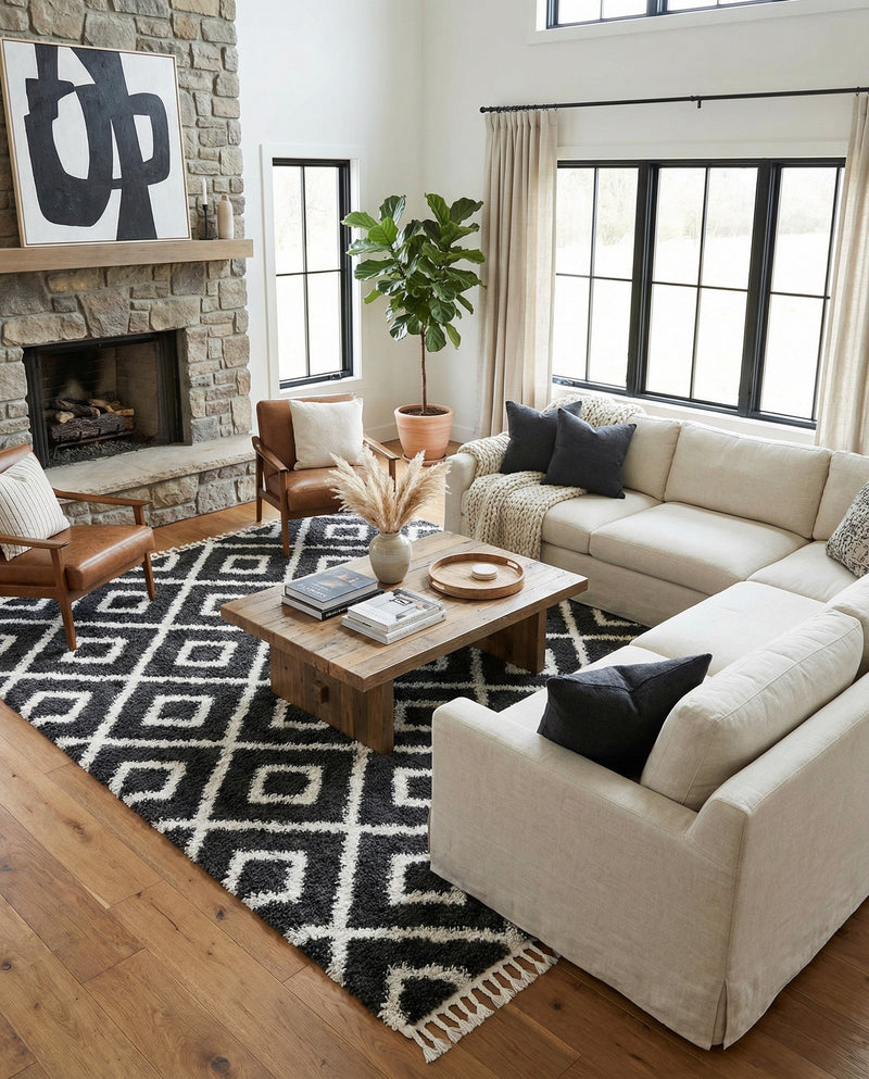 Cozy Cove Shag Collection Area Rug -  Dunes Rectangle Black and White  lifestyle 50
