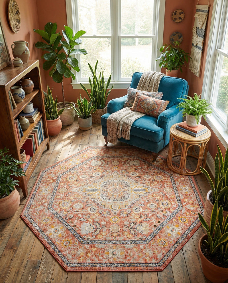 Seville Stripes Collection Area Rug - Cadiz (Brick Red) Octagon Brick Red  lifestyle 75