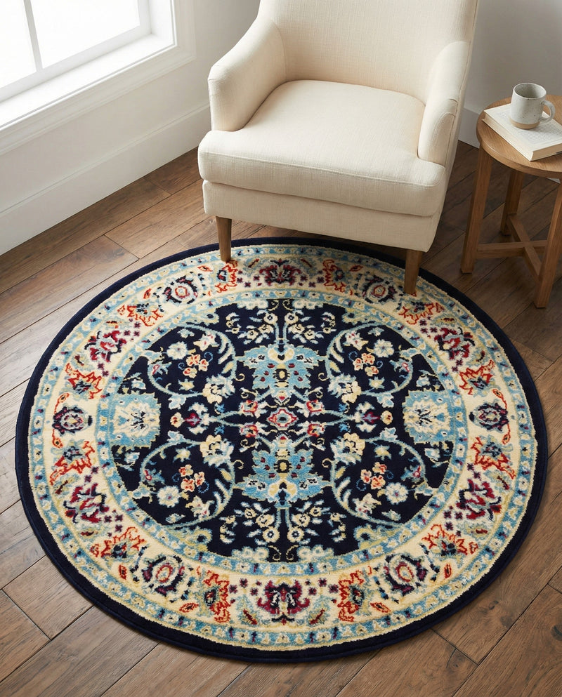 Isfahan Elegance Collection Area Rug - Naghsh-e Jahan (Navy Blue) Round Navy Blue  lifestyle 79