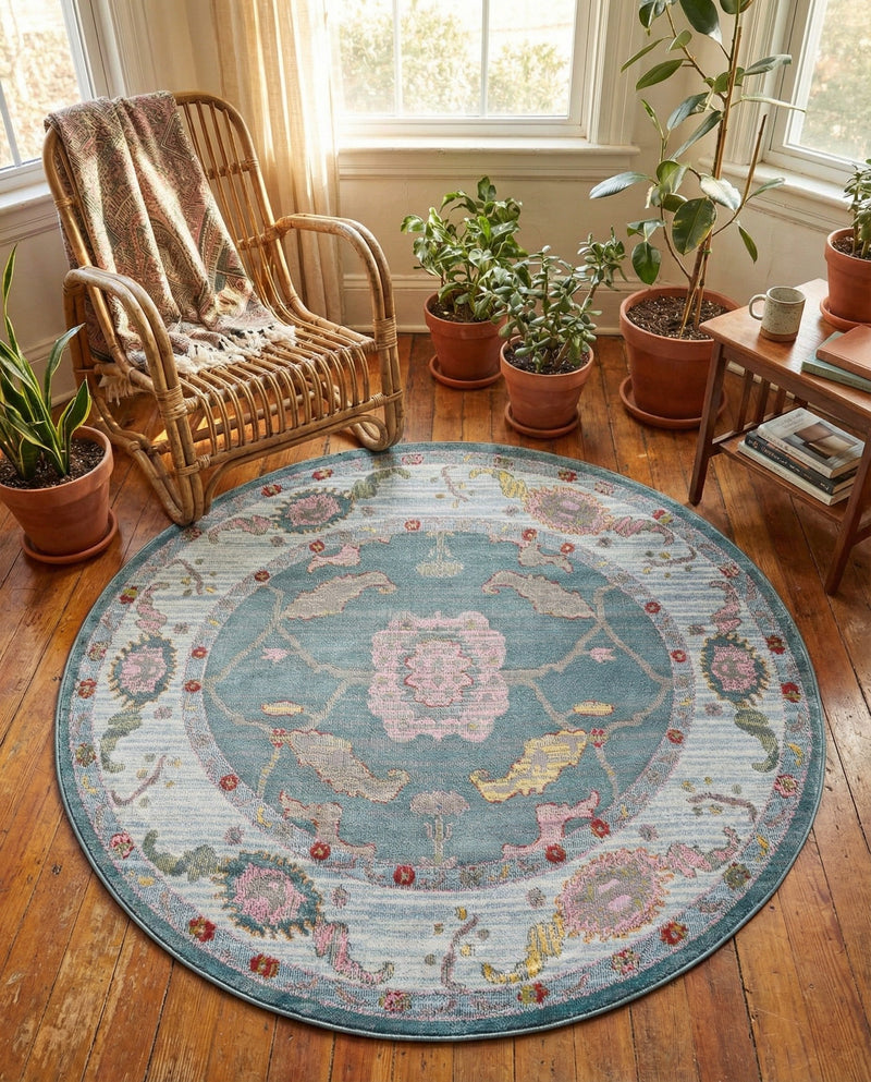 Arcadia Rugs Collection Area Rug - Eden (Gray and Blue) Round Gray and Blue  lifestyle 80